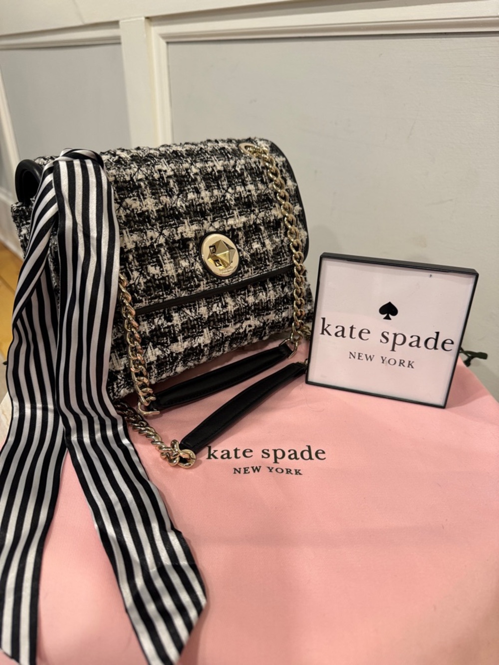 Kate Spade Bag Natalia Black & White Tweed Convertible  Shoulder Crossbody Bag